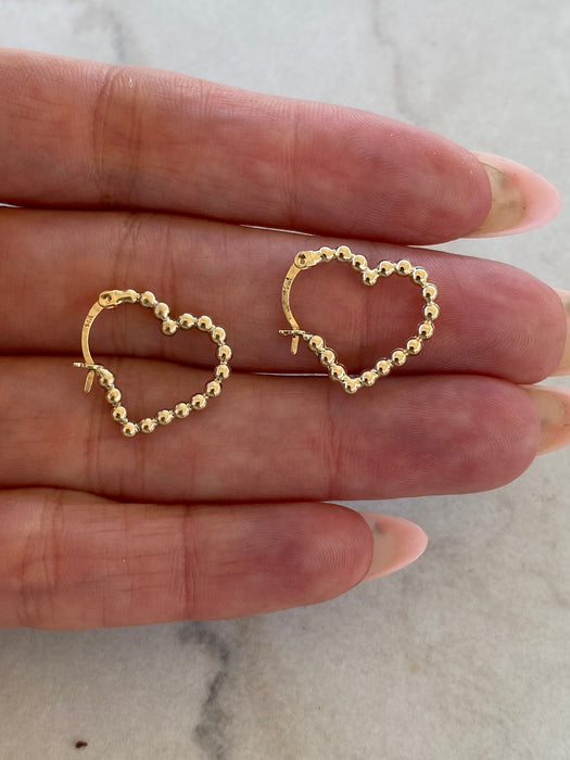 14K Gold Beaded Heart Hoop Earrings
