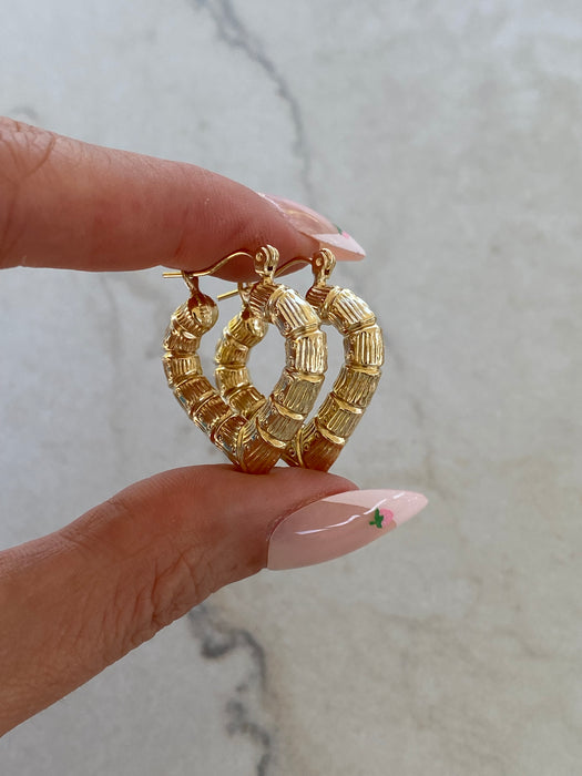 14K Gold Bamboo-Style Heart Hoop Earrings