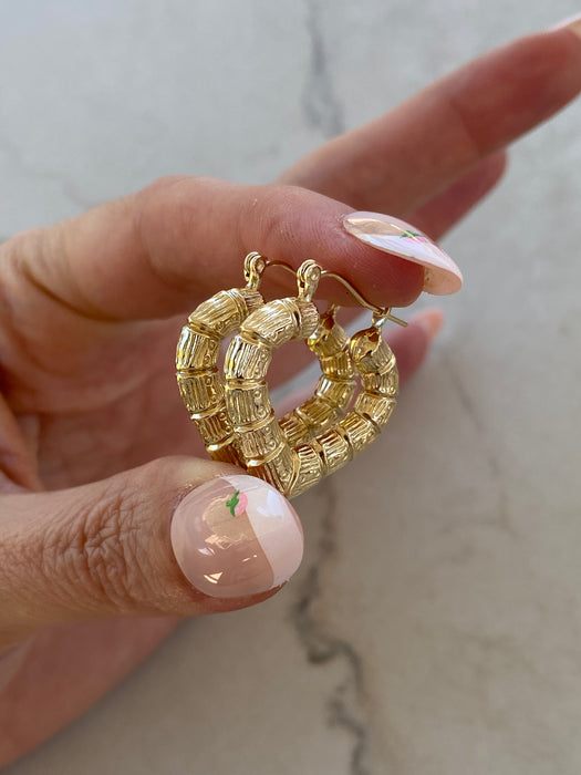 14K Gold Bamboo-Style Heart Hoop Earrings