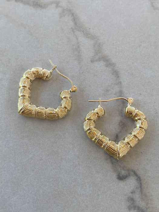 14K Gold Bamboo-Style Heart Hoop Earrings