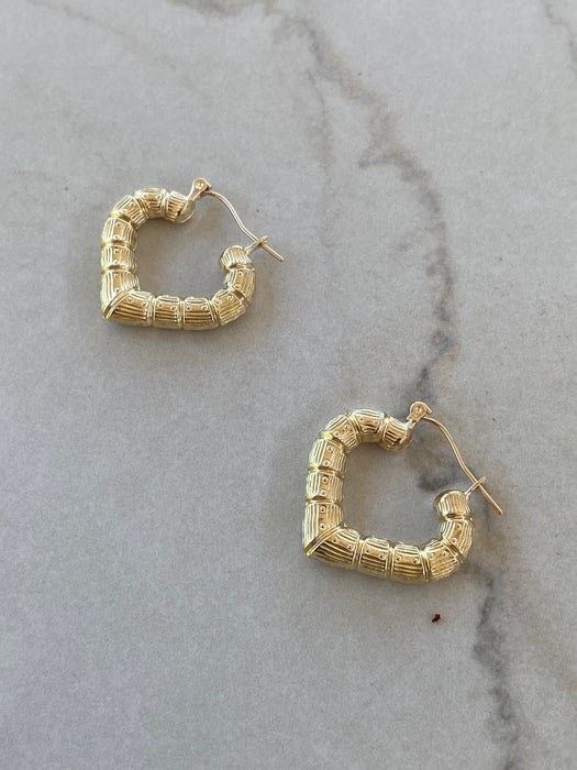 14K Gold Bamboo-Style Heart Hoop Earrings