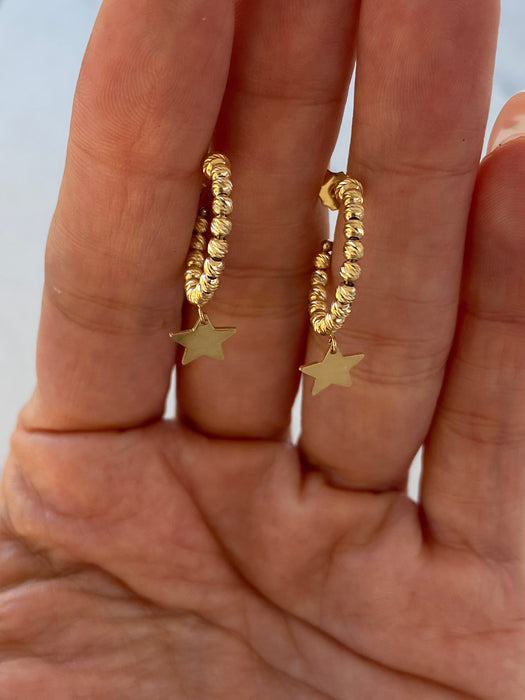 14K Gold Diamond-Cut Beaded Star J-Hoop Earrings