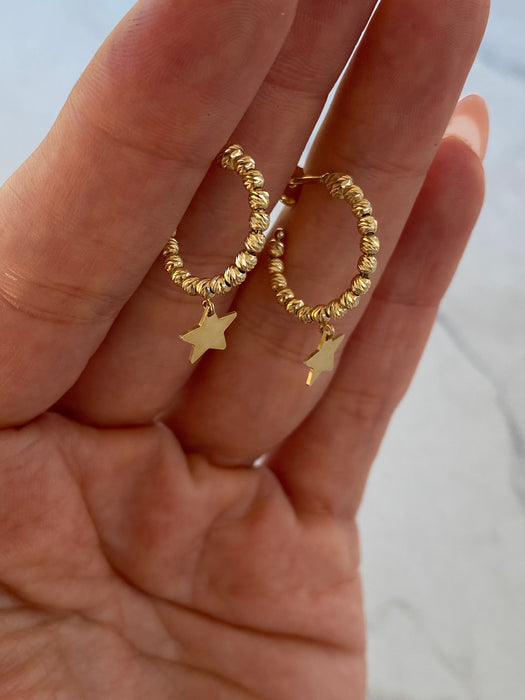 14K Gold Diamond-Cut Beaded Star J-Hoop Earrings