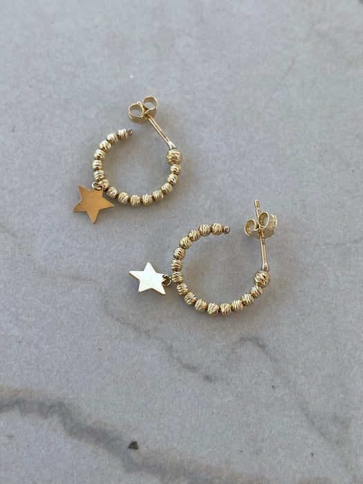 14K Gold Diamond-Cut Beaded Star J-Hoop Earrings