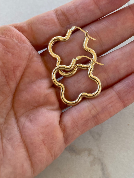 14K Gold Puffy Clover Hoop Earrings
