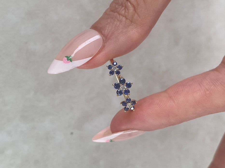 14K Blue Sapphire & Diamond Three-Flower Ring