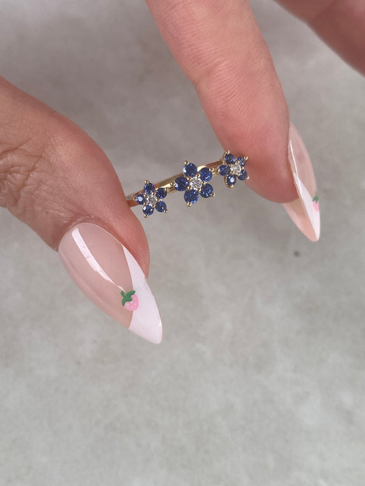 14K Blue Sapphire & Diamond Three-Flower Ring