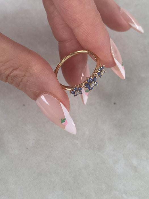 14K Blue Sapphire & Diamond Three-Flower Ring