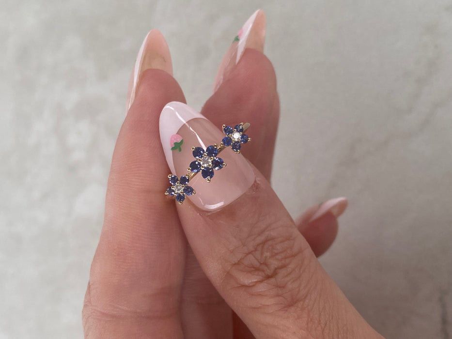 14K Blue Sapphire & Diamond Three-Flower Ring