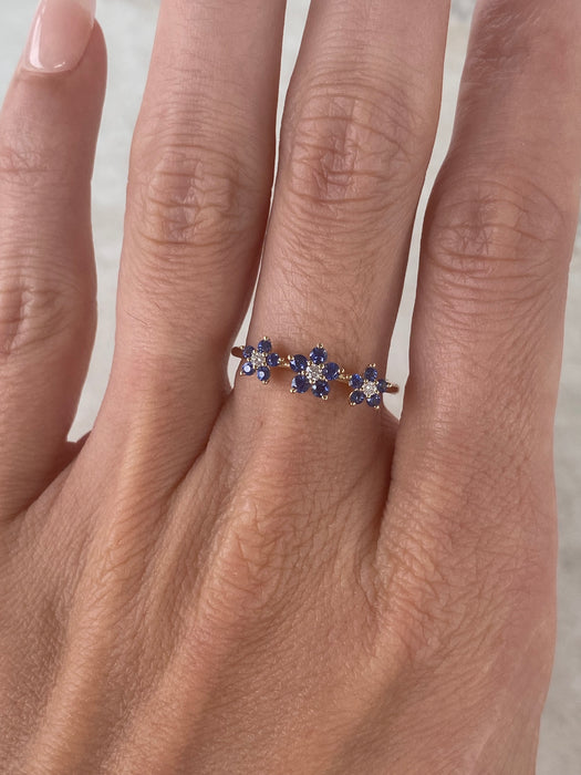14K Blue Sapphire & Diamond Three-Flower Ring