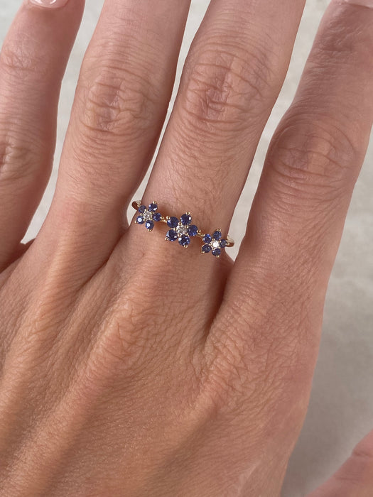 14K Blue Sapphire & Diamond Three-Flower Ring