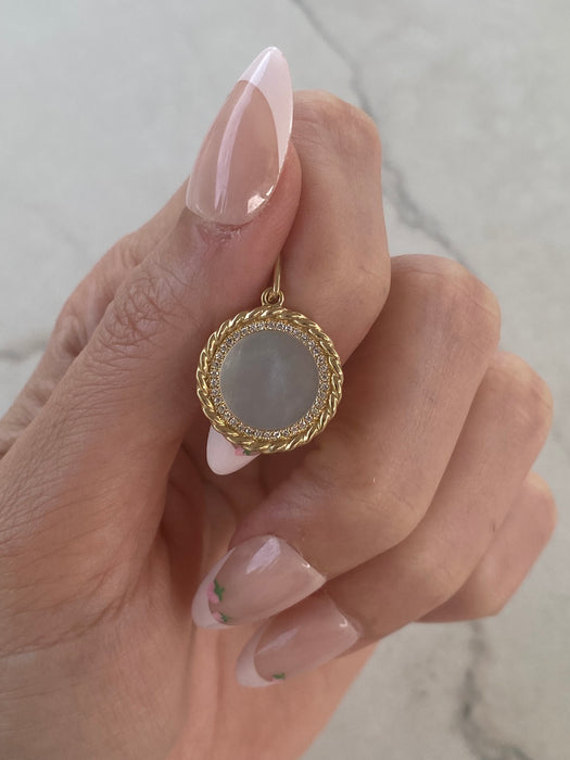 14K Gold Mother of Pearl Diamond Halo Disc Pendant
