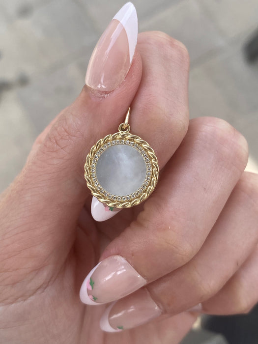 14K Gold Mother of Pearl Diamond Halo Disc Pendant