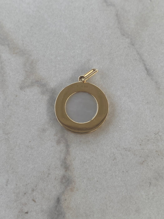 14K Gold Mother of Pearl Diamond Halo Disc Pendant