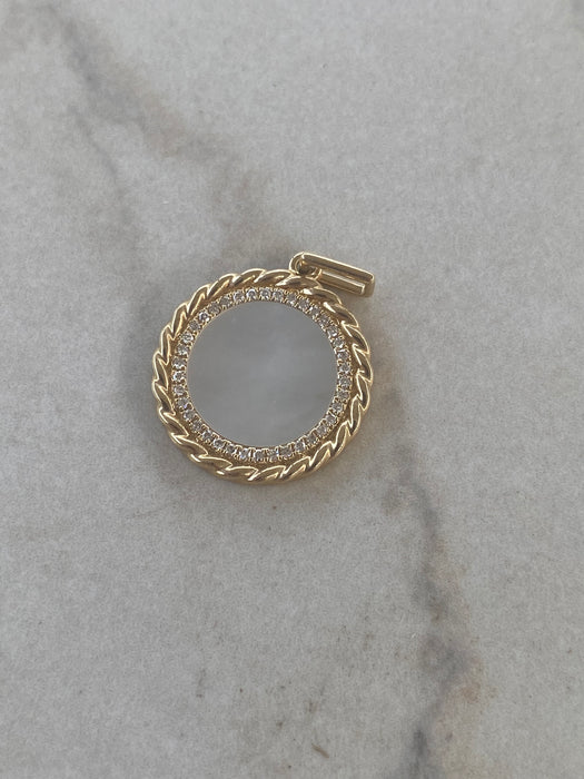 14K Gold Mother of Pearl Diamond Halo Disc Pendant