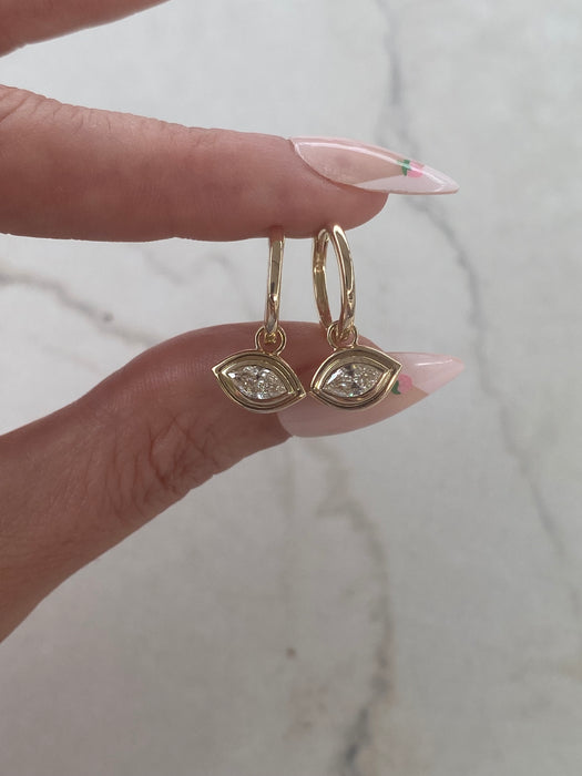14K Gold Huggie Earrings with Removable Natural Marquise Diamond Charms