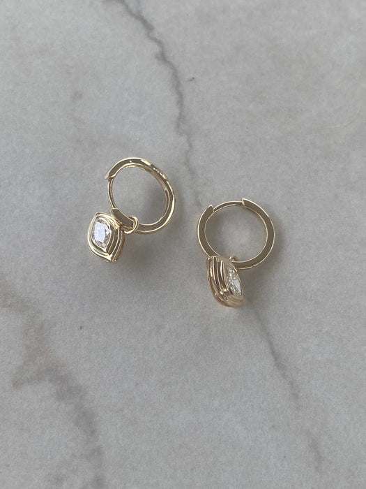 14K Gold Huggie Earrings with Removable Natural Marquise Diamond Charms