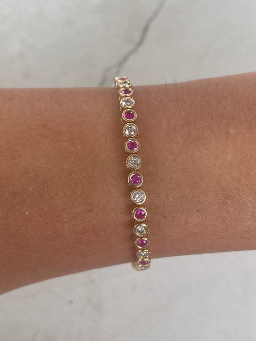 14K Gold Bezel-Set Natural Ruby & Diamond Bracelet