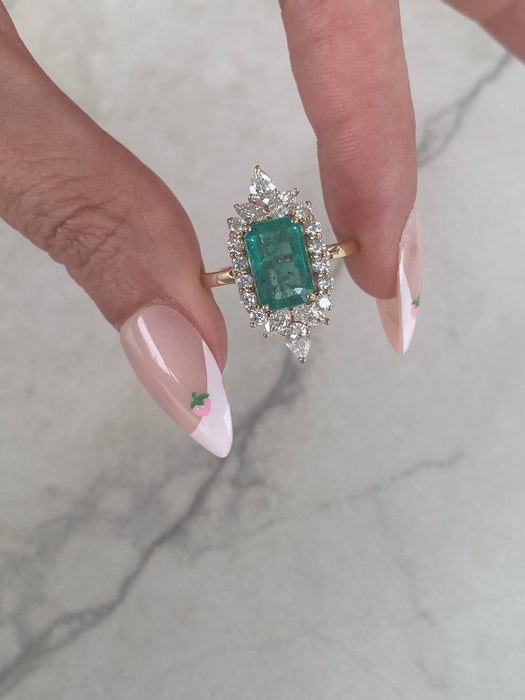 14K Natural Emerald & Diamond Halo Ring