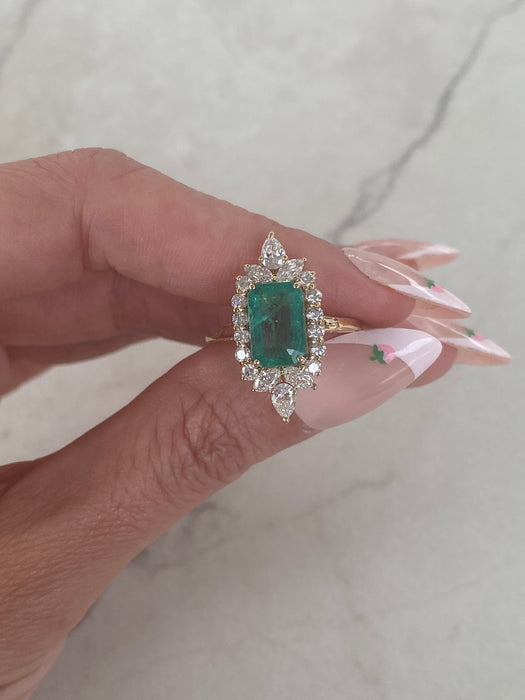 14K Natural Emerald & Diamond Halo Ring