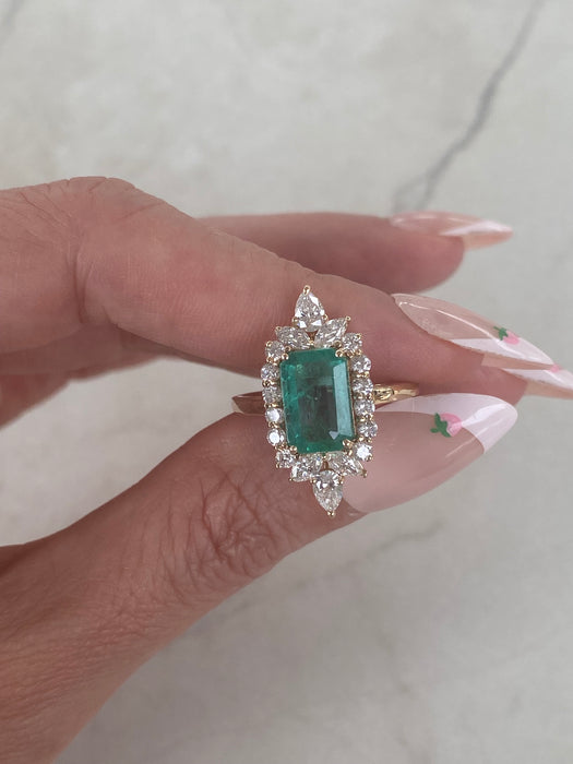 14K Natural Emerald & Diamond Halo Ring