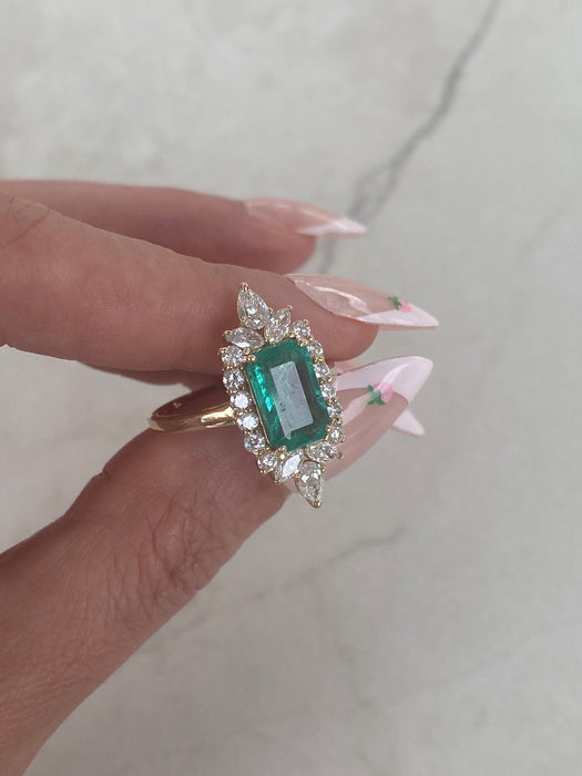 14K Natural Emerald & Diamond Halo Ring