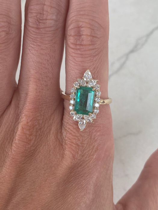 14K Natural Emerald & Diamond Halo Ring
