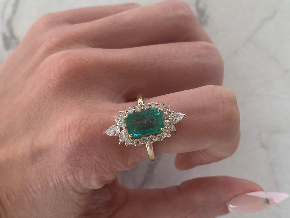 14K Natural Emerald & Diamond Halo Ring