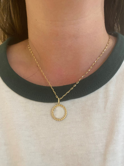 14K Gold Mother of Pearl Diamond Halo Disc Pendant