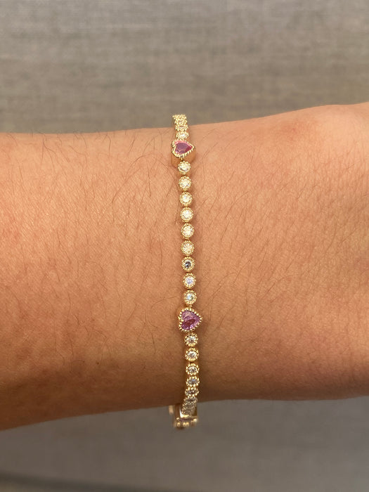 Custom made 14k diamond tennis bezel pink sapphire bracelet