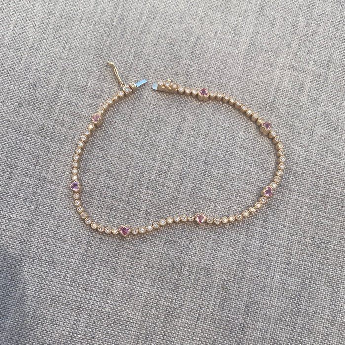 Custom made 14k diamond tennis bezel pink sapphire bracelet