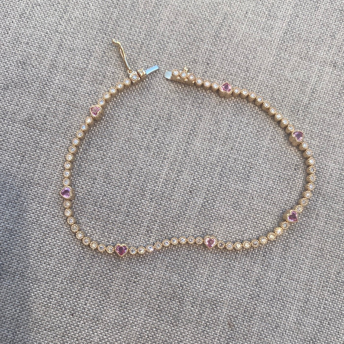 Custom made 14k diamond tennis bezel pink sapphire bracelet