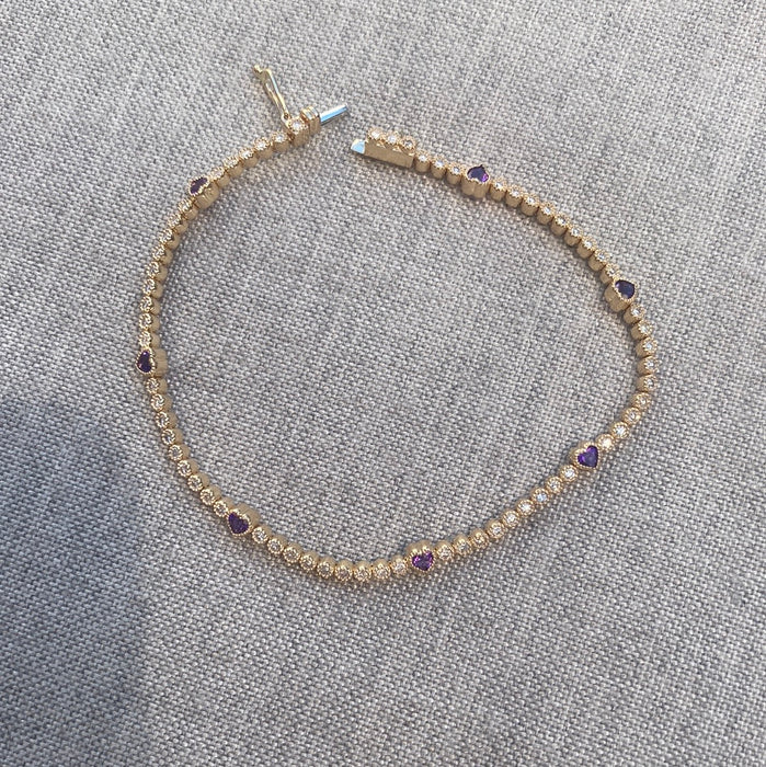 Custom made 14k bezel set amethyst diamond tennis bracelet 7”