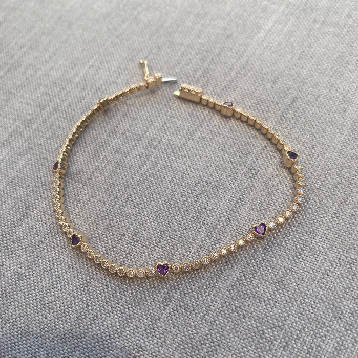 Custom made 14k bezel set amethyst diamond tennis bracelet 7”